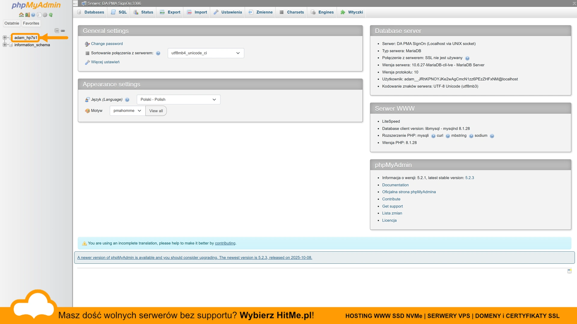Ekran phpMyAdmin po zalogowaniu z panelu