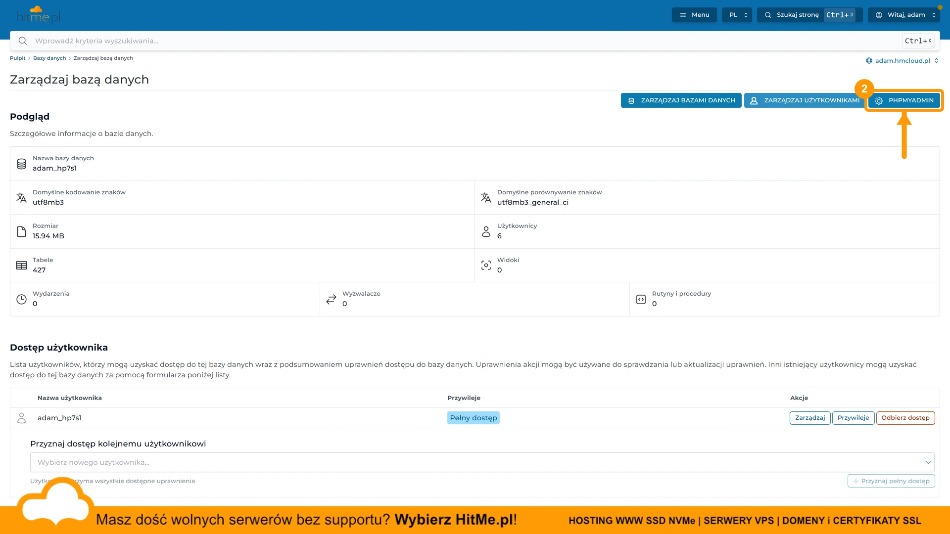 Zarządzanie pojedynczą bazą danych z przyciskiem phpMyAdmin