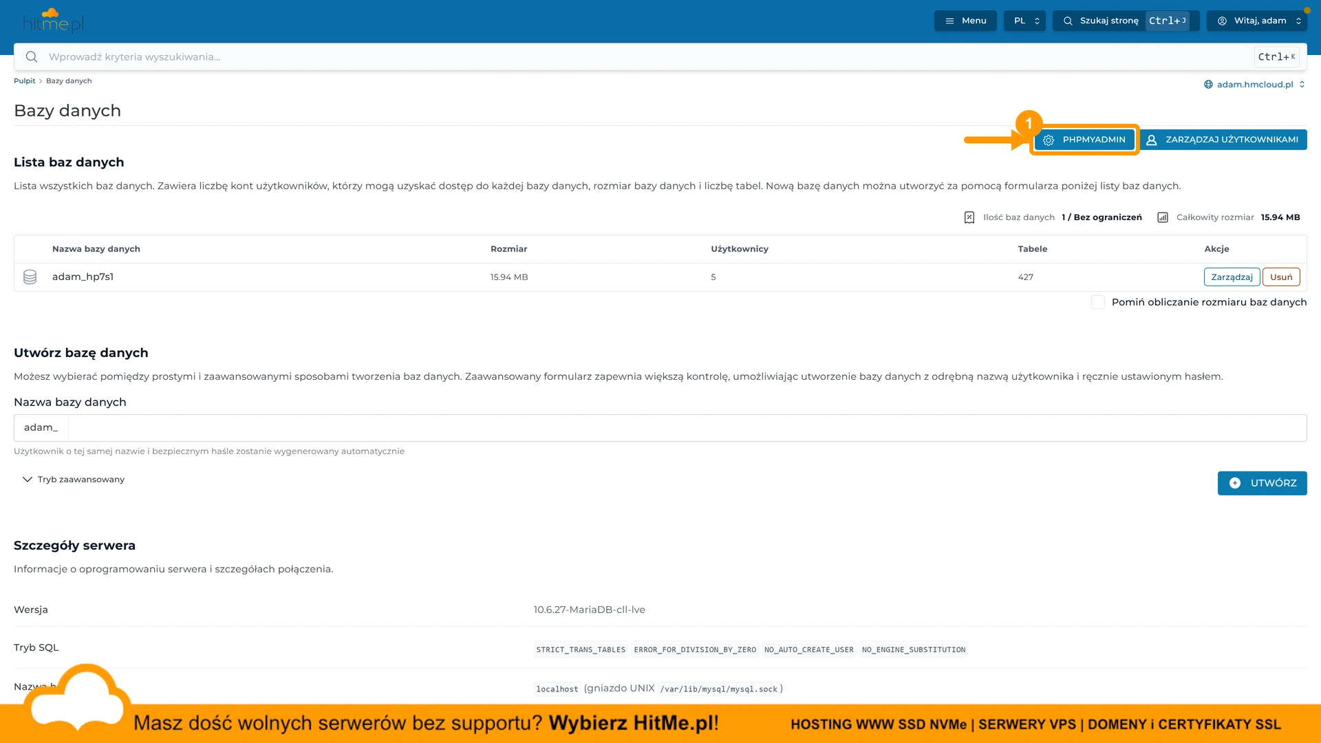 Lista baz danych z przyciskiem phpMyAdmin