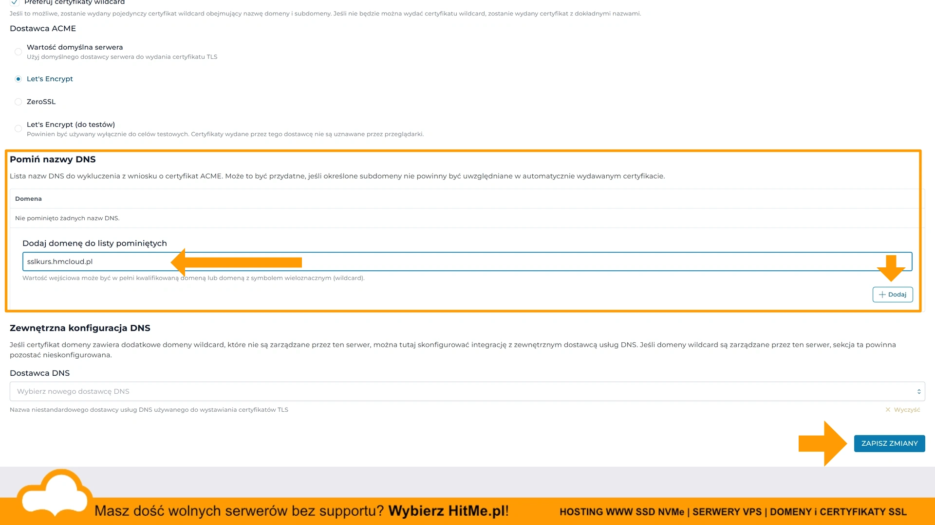 pomiń nazwy dns acme directadmin