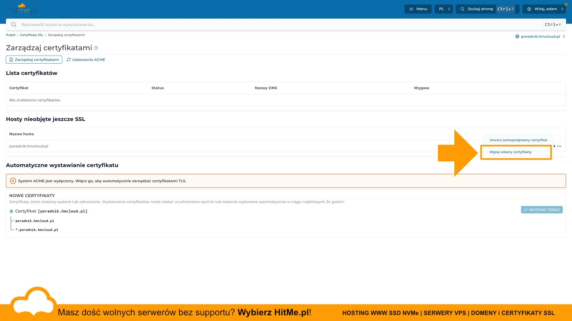wgraj własny certyfikat directadmin