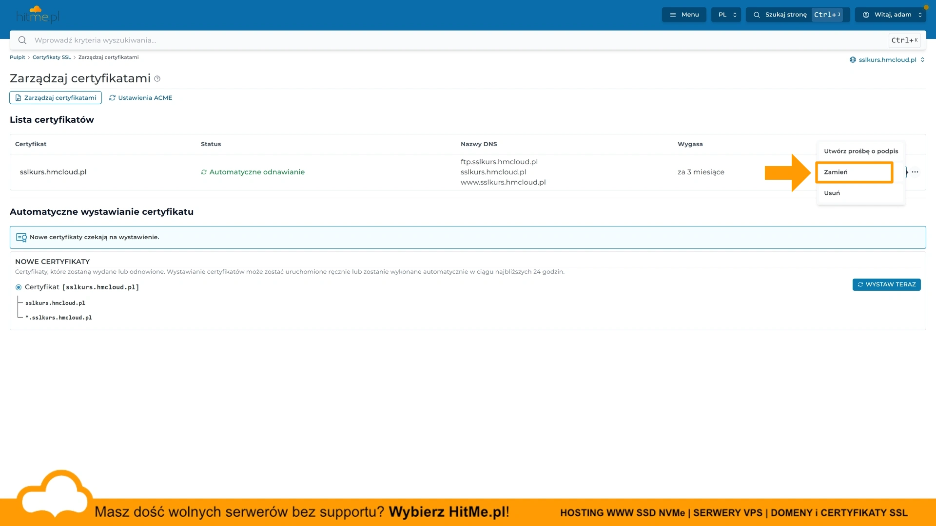menu certyfikatu directadmin