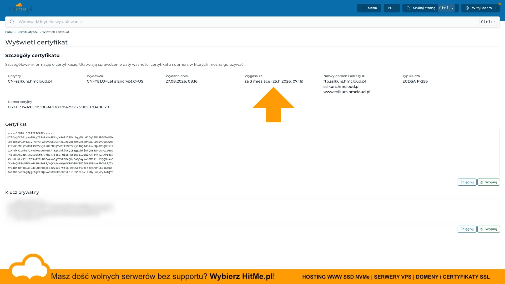 widok certyfikatu directadmin