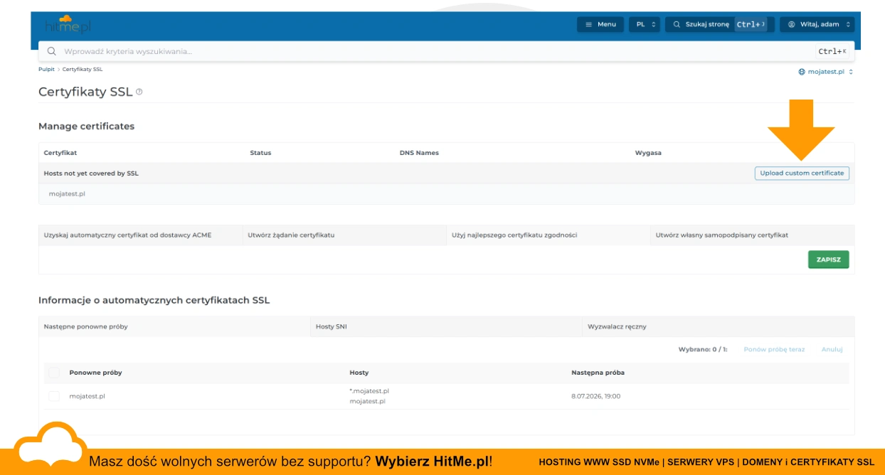 wgraj certyfikat directadmin