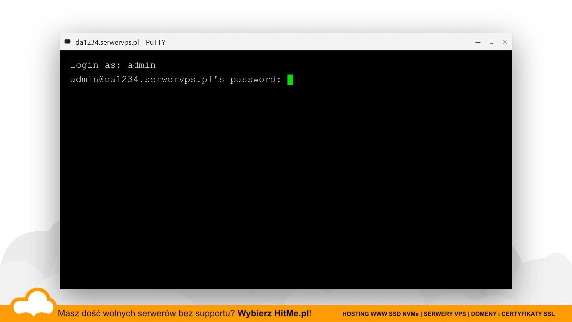 Konsola SSH w PuTTY z pytaniem o hasło użytkownika admin